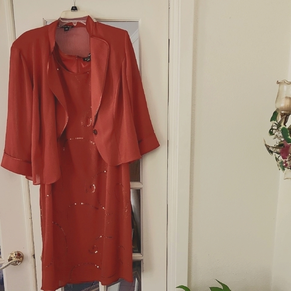 Elegant Women's Orange Jacket & Dress Set